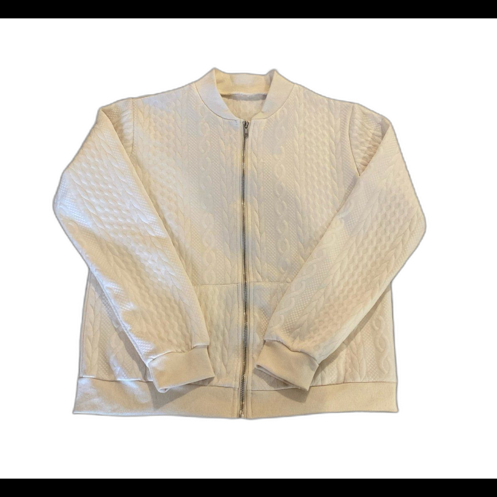 Zip Up Jacket Cable Knit Bomber Textured Cardigan Casual Size Medium Cream Color